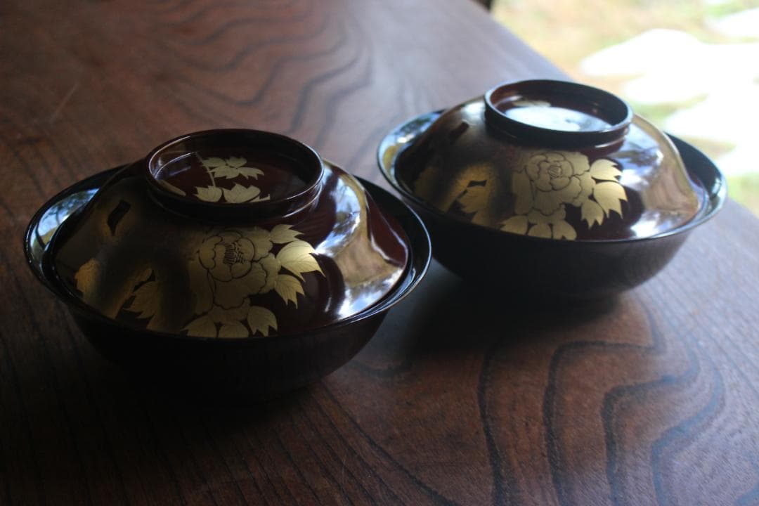 時代逸品！風情ある栗色漆に極上牡丹蝶蒔絵の映える大椀2点（検輪島塗蒔絵椀雑煮椀