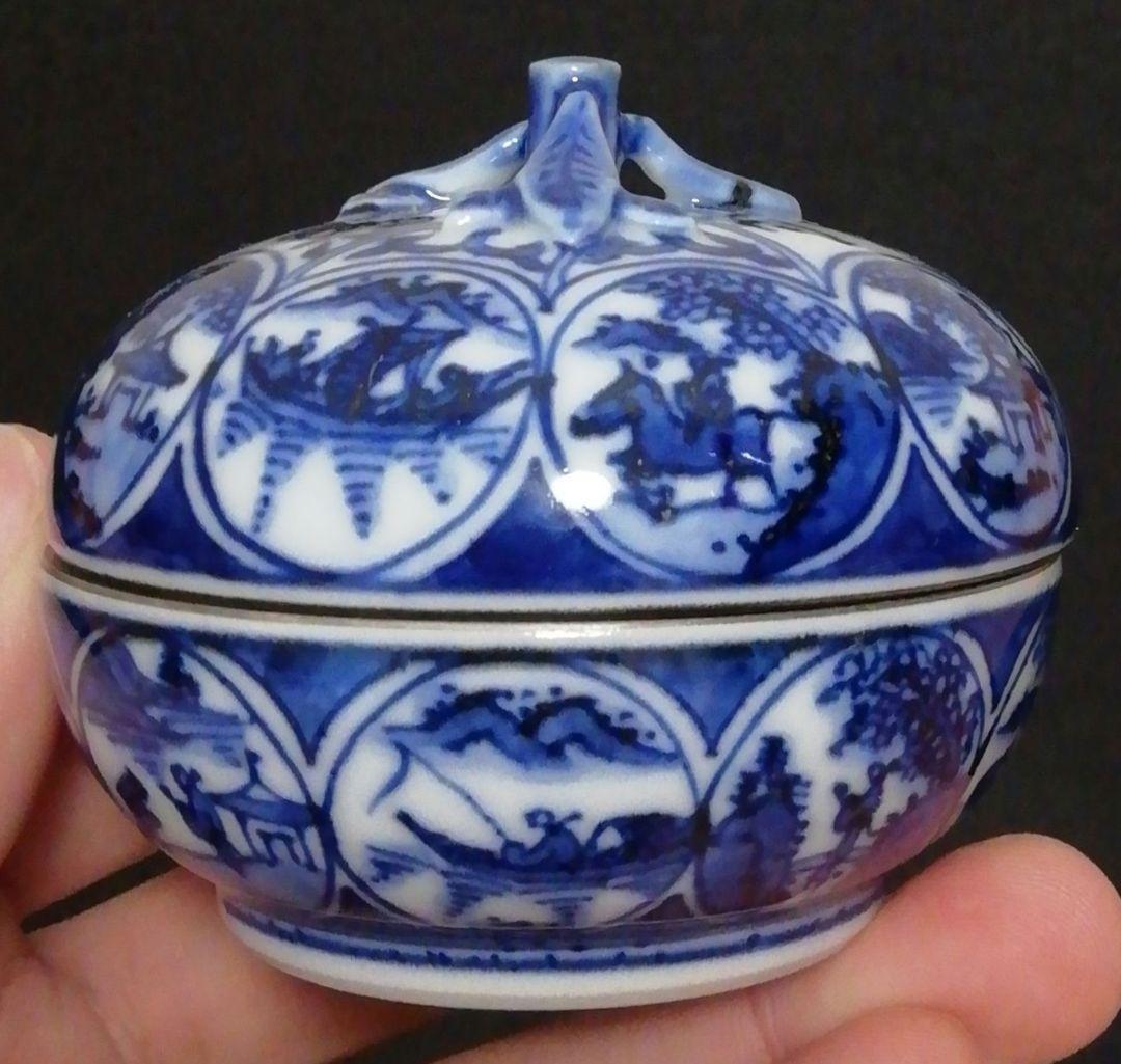 叶松谷作 染付 祥端 蜜柑形 香合 共箱 共布 略歴付 茶道具