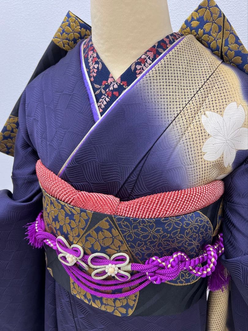 20 振袖フルセット 正絹 ブルー 青紫 赤紫 銀彩 刺繍 暈し染め 華やか