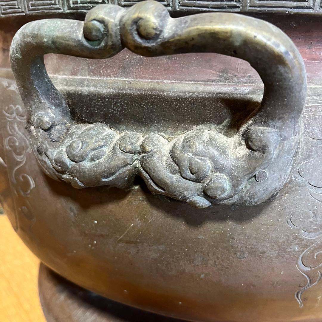 真鍮火鉢 台座付き 龍の取手 大型 43cm