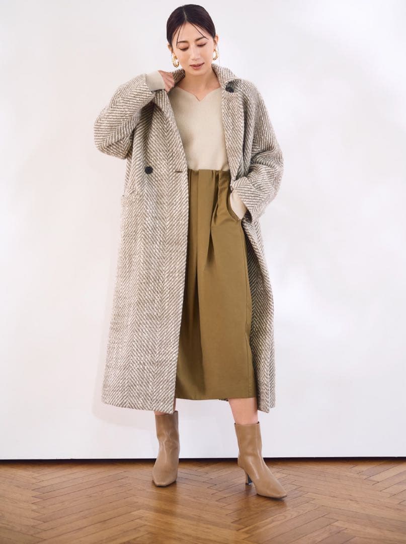 ミラオーウェン Mila Owen ヘリンボーン柄ストラップダブルコート