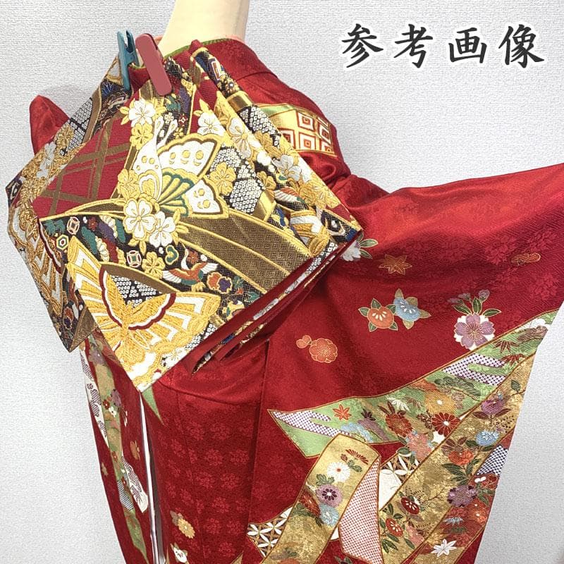 506z6〇京都きもの友禅 高身長な方 振袖 地紋 金彩 金駒刺繍 赤