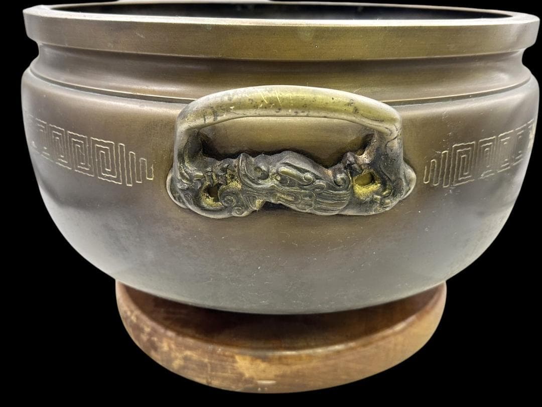 横幅-約50㎝ 高さ-約28㎝ 大きな 銅製 火鉢 象嵌 家紋 骨董 古玩の通販