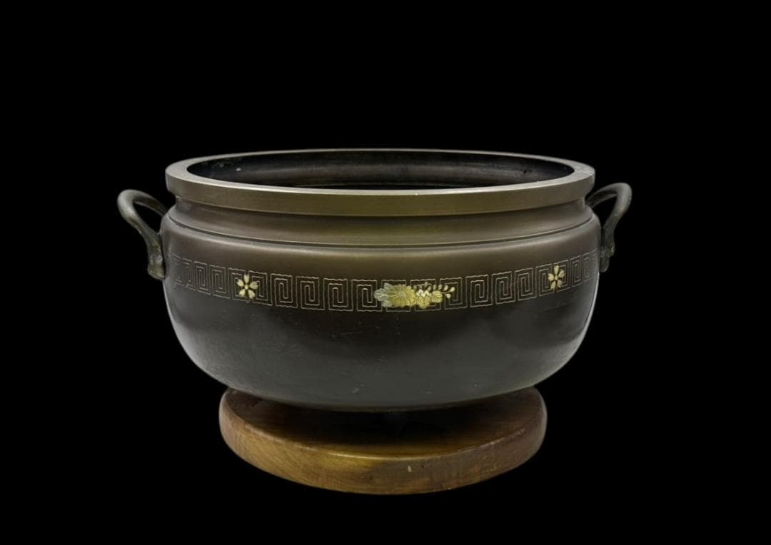 横幅-約50㎝ 高さ-約28㎝ 大きな 銅製 火鉢 象嵌 家紋 骨董 古玩の通販