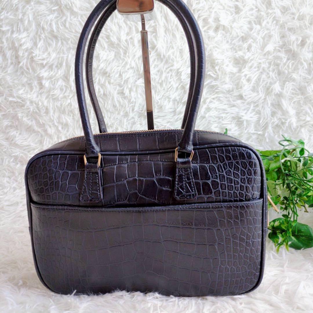 ◾︎極美品◾︎ A.D.M.J ハンドバッグ ミニボストン クロコ型押し ビジュー