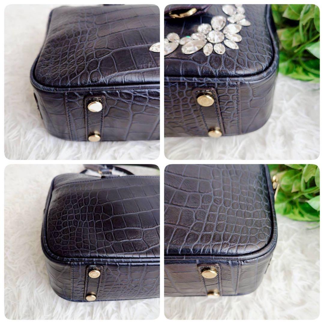 ◾︎極美品◾︎ A.D.M.J ハンドバッグ ミニボストン クロコ型押し ビジュー