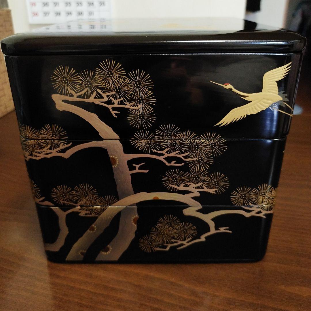 会津塗 漆塗 三段重 目黒廣太謹製 黒内朱 鶴 松 鎹入 漆器