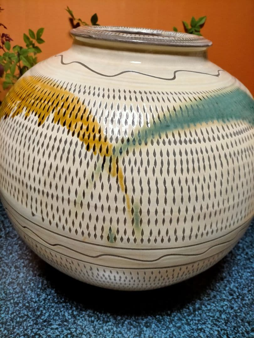 小石原焼 壺 花瓶 絶品 飴緑打掛 飛び鉋 とびかんな 特大 茶室 蔵出し