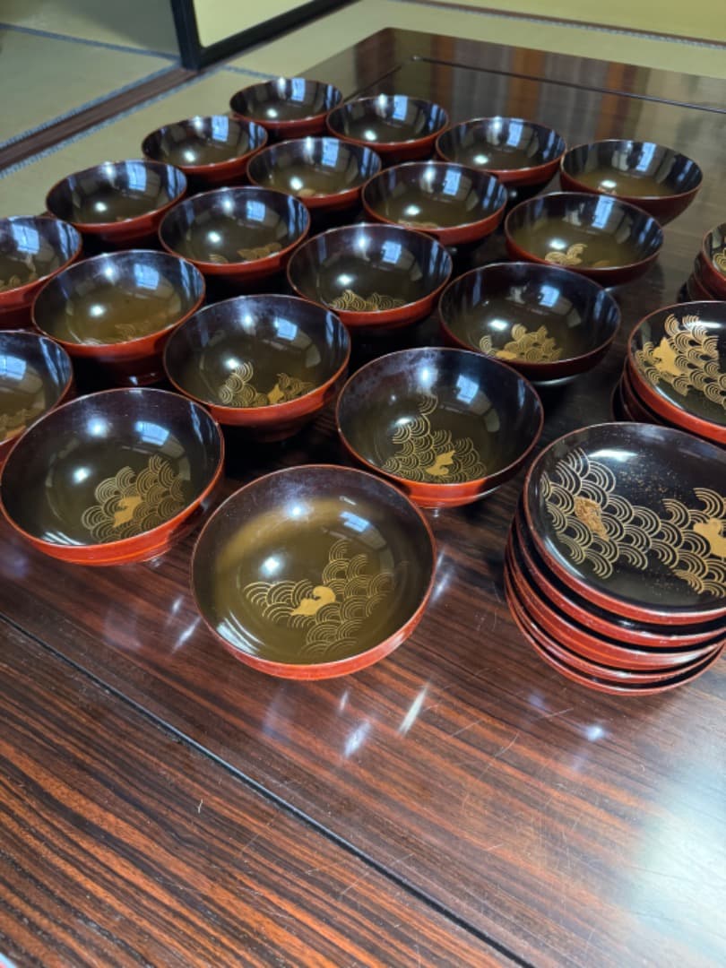 木曽漆器 吸物椀 二十客（蓋付き／江戸後期・手描