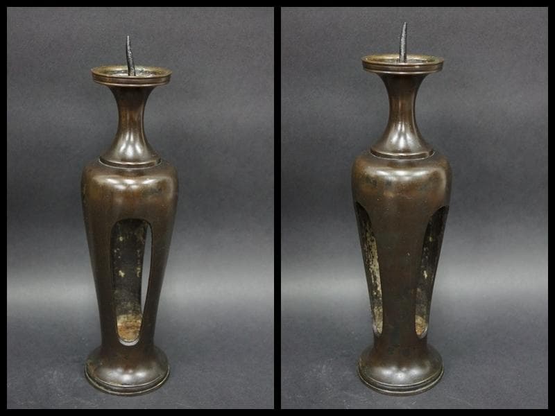 古銅製 龍文堂造 燭台 蝋燭立 一対/茶道具 夜咄道具 仏具☆時代物