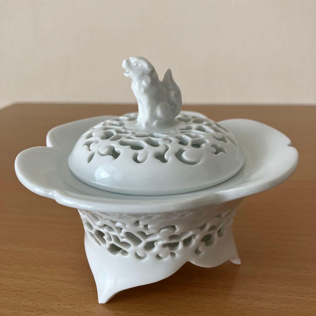未使用】 杉原一壷作 白磁 香炉 唐草透 三つ足 香道具