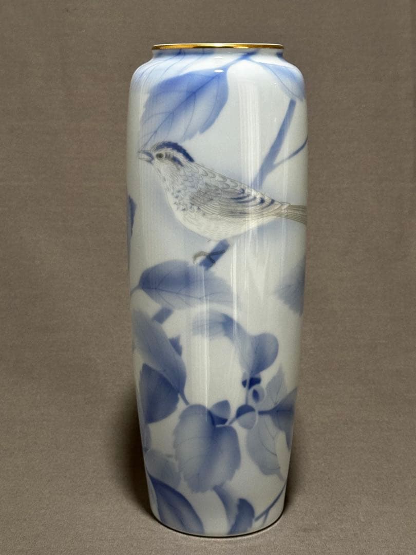 深川製磁 宮内庁御用達 官窯染付 花鳥絵 どんぐりに百舌 花瓶と