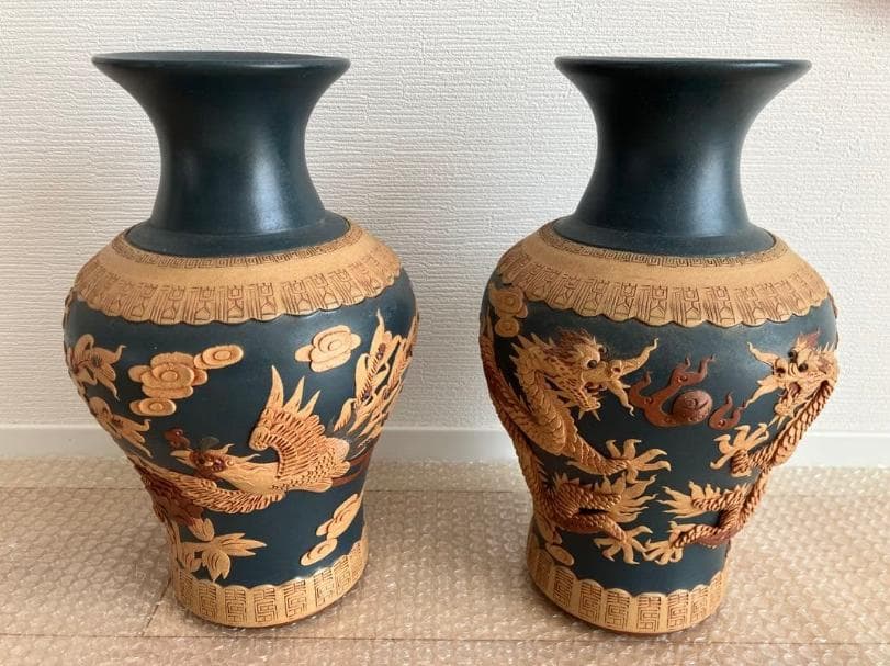 花瓶一対 龍鳳2個セット 紫砂 中国民国 夏永君製