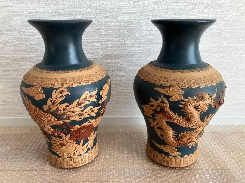 花瓶一対 龍鳳2個セット 紫砂 中国民国 夏永君製