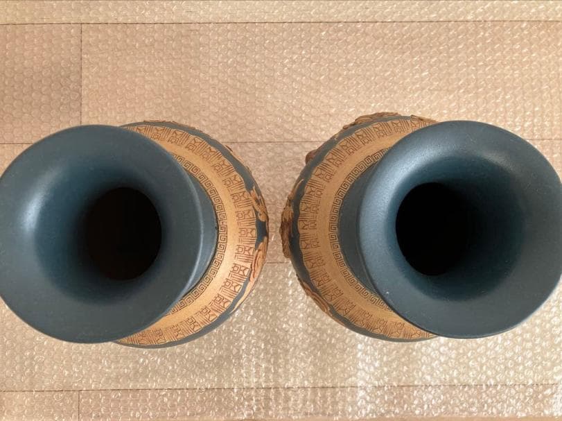 花瓶一対 龍鳳2個セット 紫砂 中国民国 夏永君製