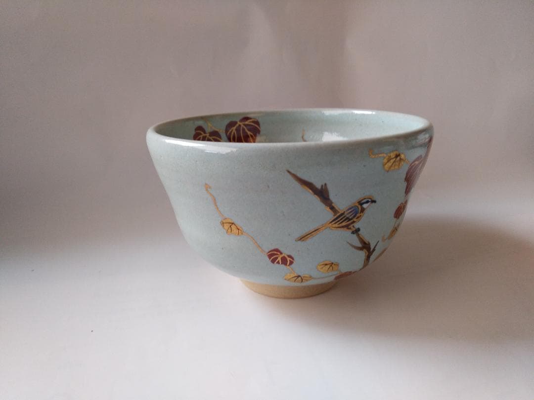 橋本紫雲 平安紫雲 色絵 失透釉 蔦ニ百舌文茶碗 共箱 共布 栞 茶道具