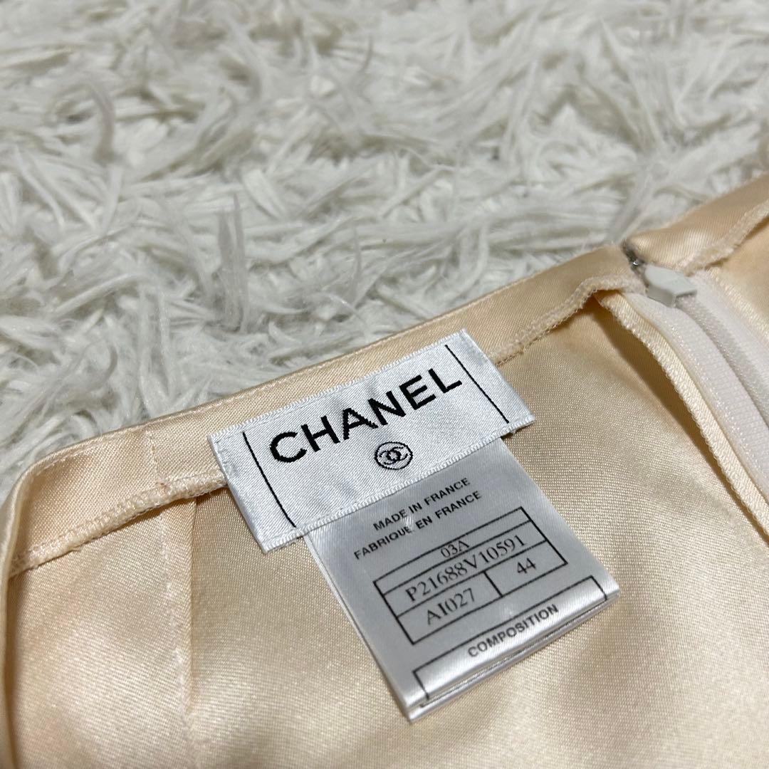 CHANEL シルク100% ココマーク パール リボン 光沢 フレアスカート