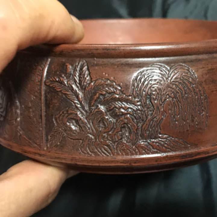 茶道具 古い 紫砂 茶盂 彫刻 人物画 山水画 中国