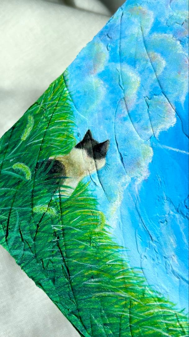 「いま、ここにいる」空の絵　猫の絵　キャンバス　メディウム　立体アート　雲の絵