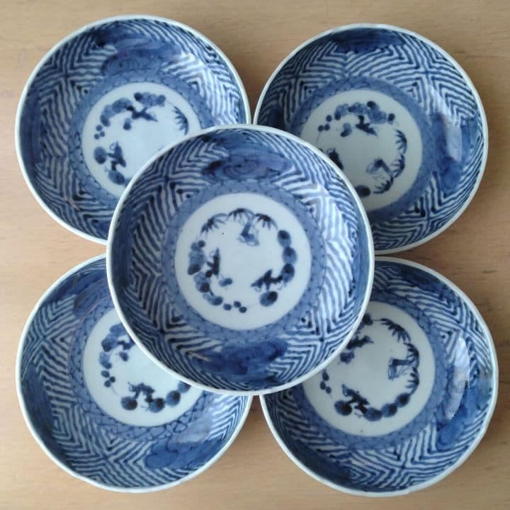 古伊万里染付雲竜檜垣文なます皿江戸時代五客セット 伊万里
