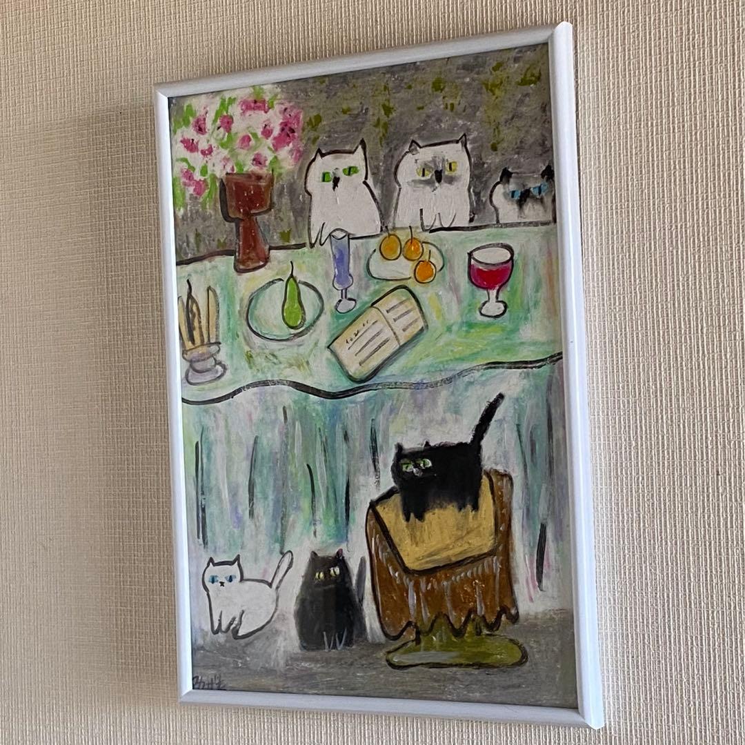 絵画 。手描き【かわいい猫たちが花、ワイン、果物のテーブルを囲んでいる】