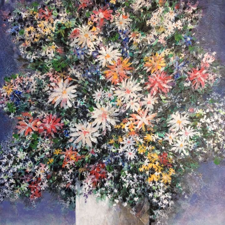 白い花瓶の花（アクリル画）