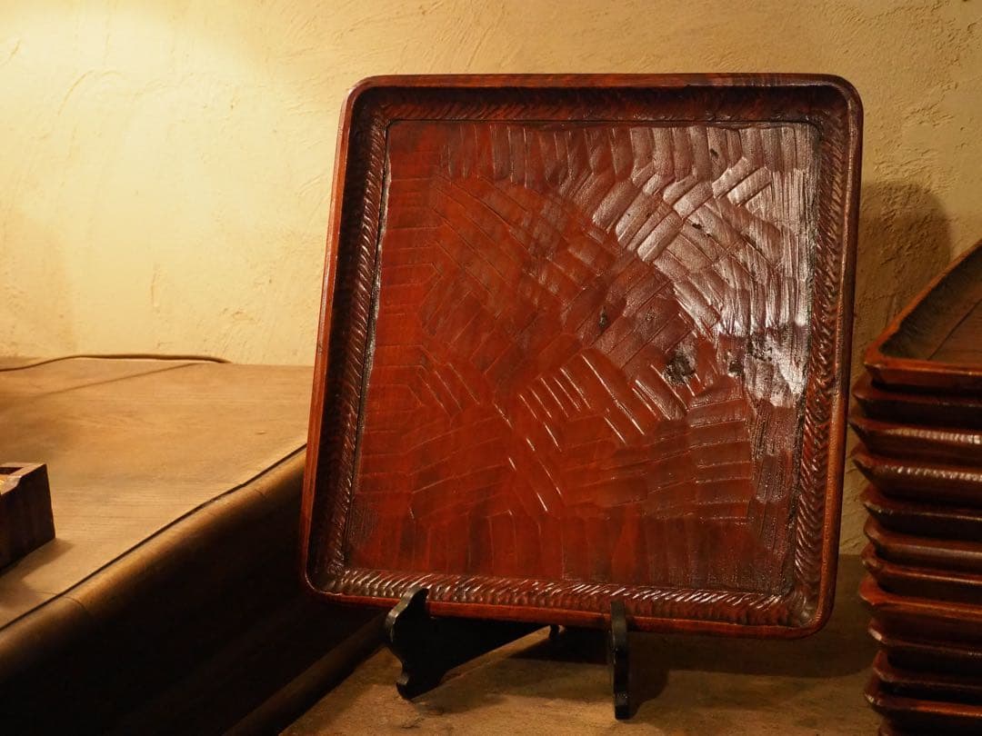 讃岐盆 超美品 木製彫刻模様入り 正方形 お盆 トレー5枚セット