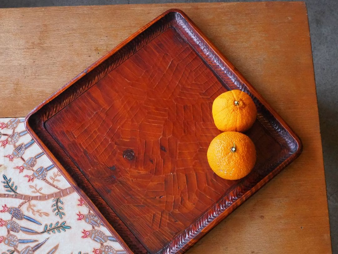 讃岐盆 超美品 木製彫刻模様入り 正方形 お盆 トレー5枚セット
