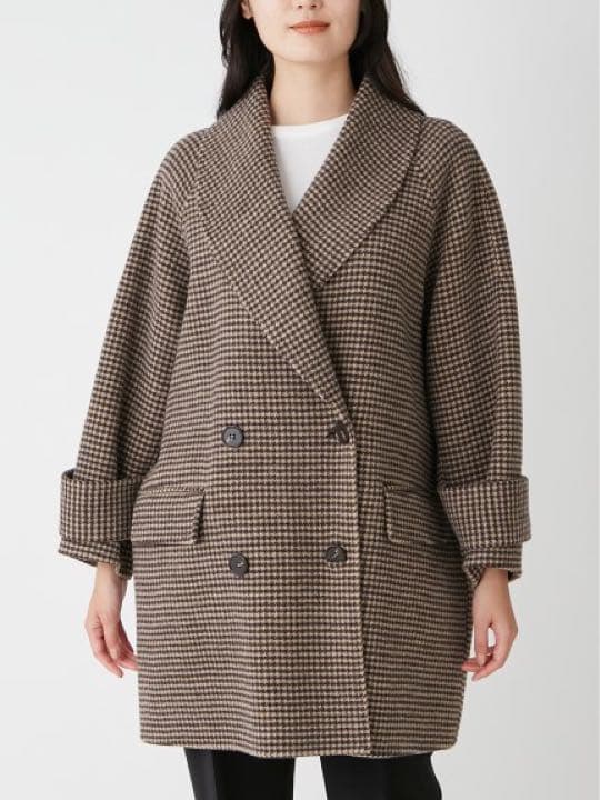 COHINA コヒナ ミドル丈チェックコート ウールシャギーチェックダブル