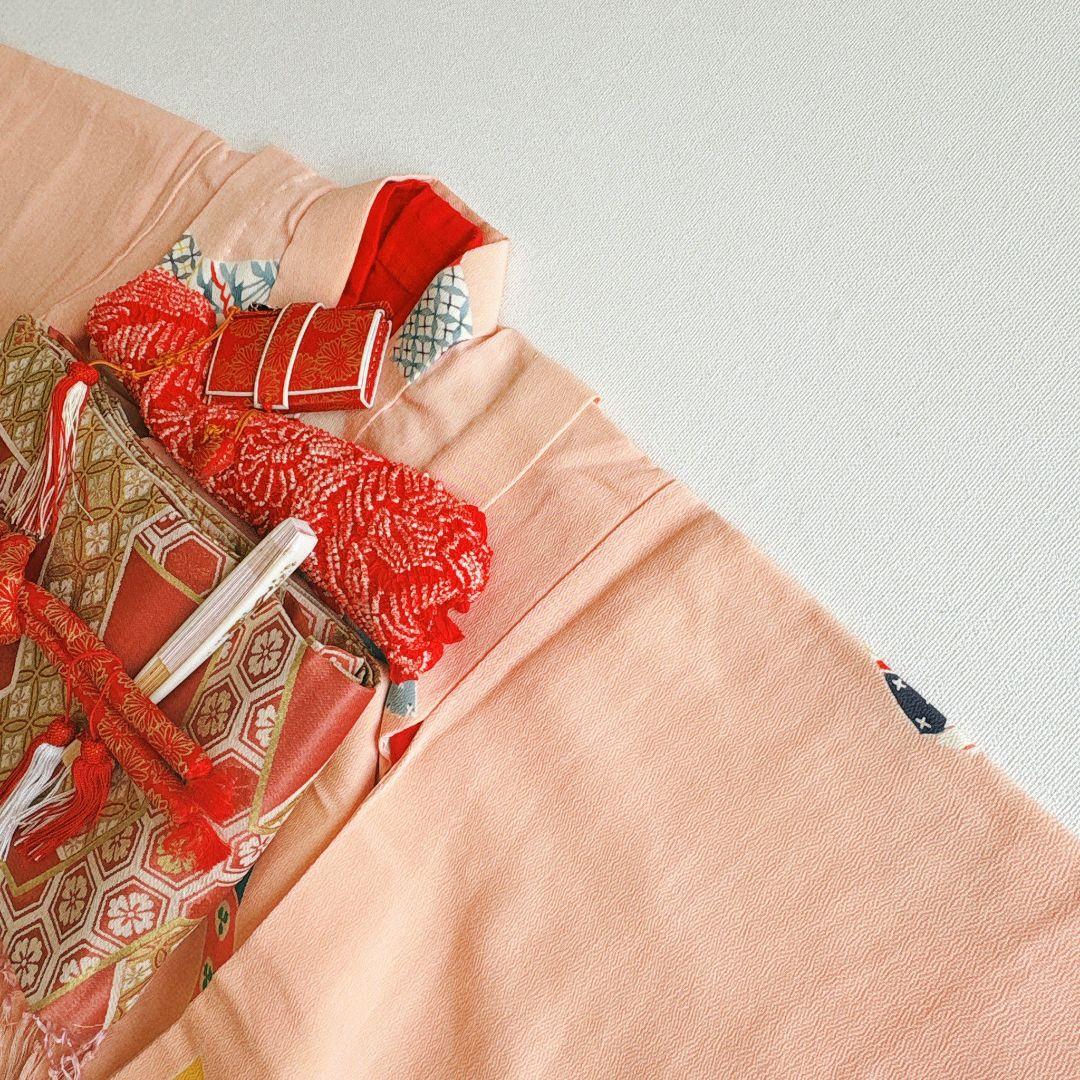 セット　七五三７歳女の子　昭和レトロ　ピンク　ピンク地丸帯　袖なし長襦袢7098