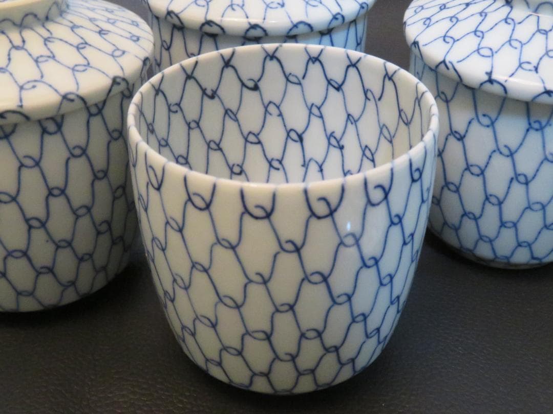 ◇401◇青網蓋付湯呑 芳山 網目 4客 和骨董 japanese