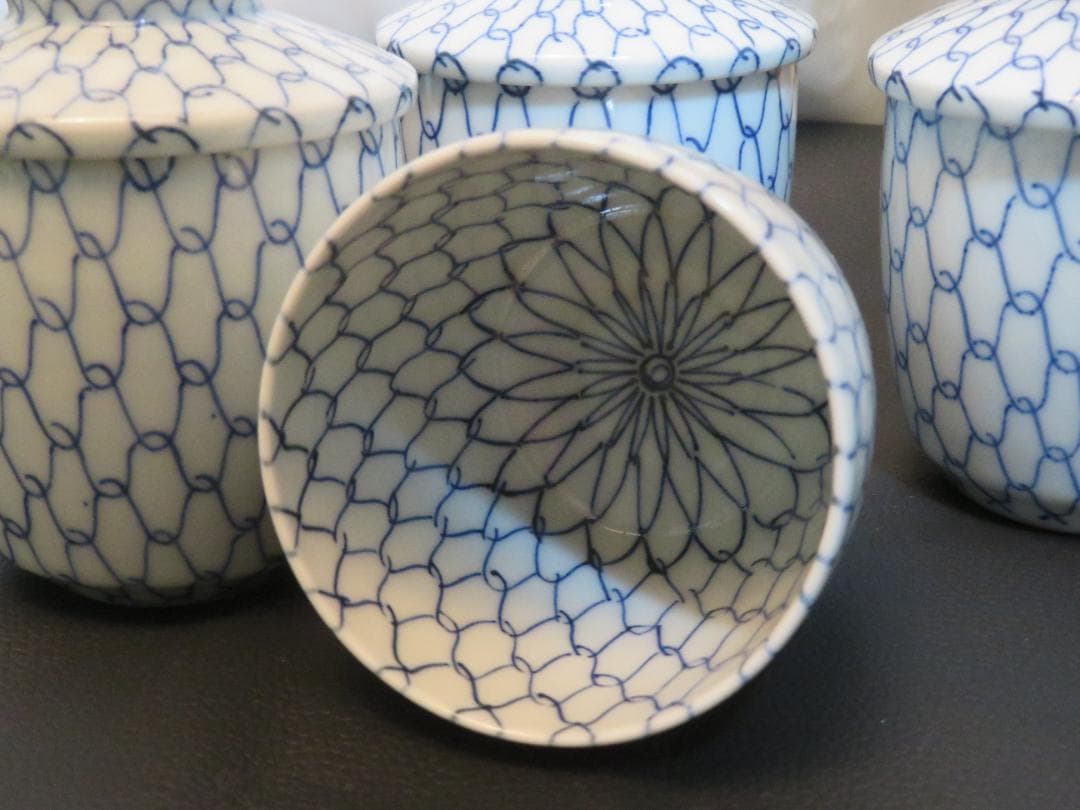 ◆401◆青網蓋付湯呑 芳山 網目　4客 和骨董 japanese craft