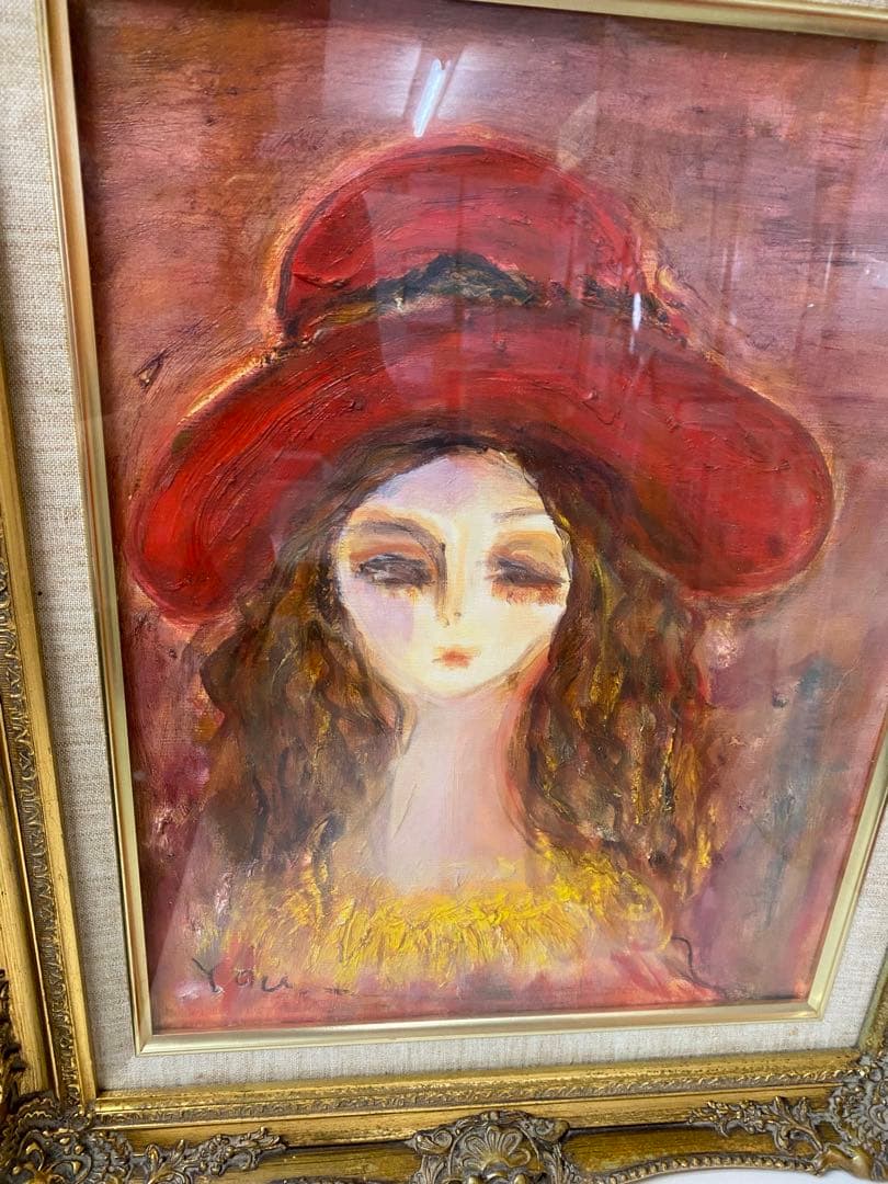 印象派風 女性の肖像画 赤い帽子　額無し