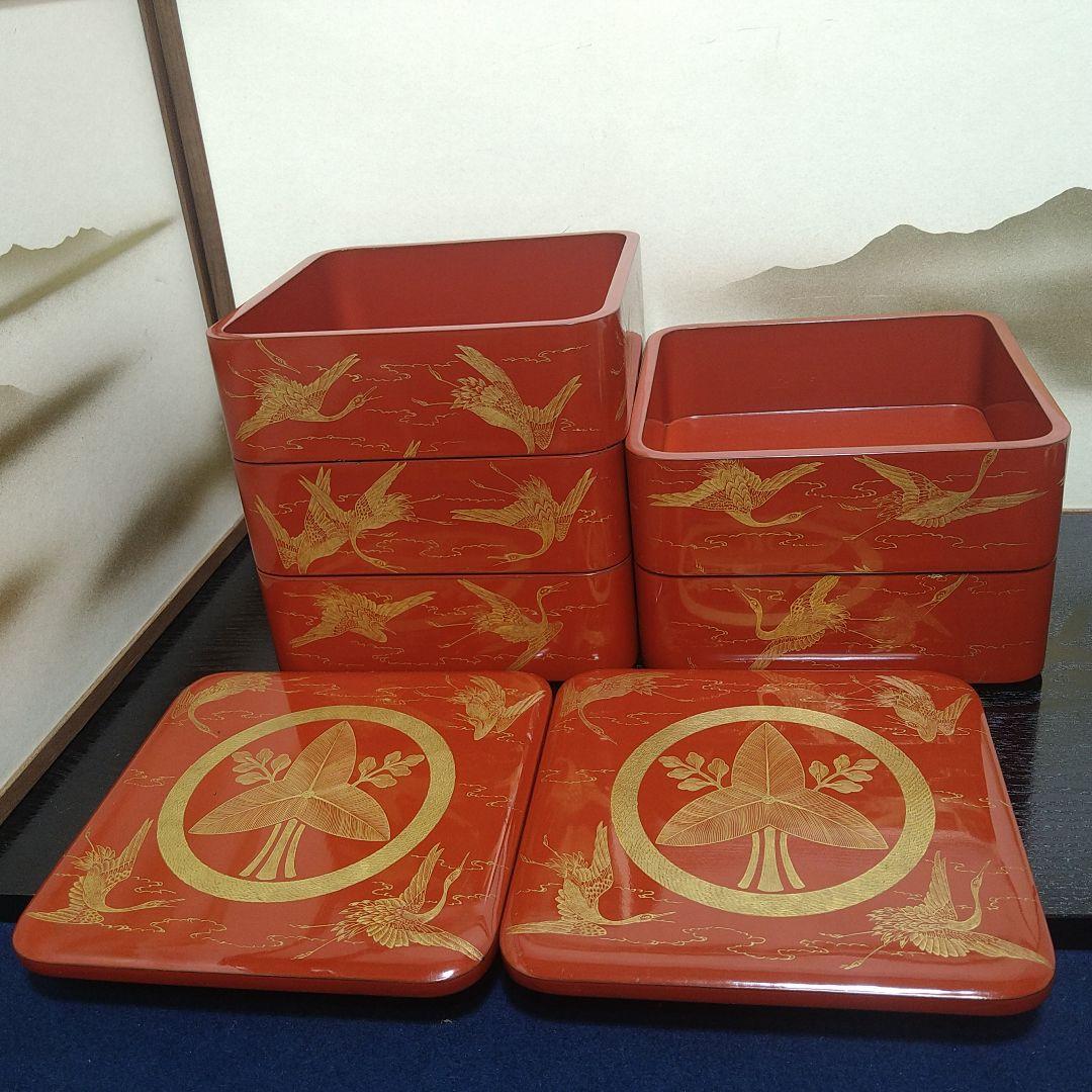 AG82 輪島塗 五段重 朱漆塗 沈金蒔絵 家紋 鶴図 厚塗り 角丸 替蓋 木箱