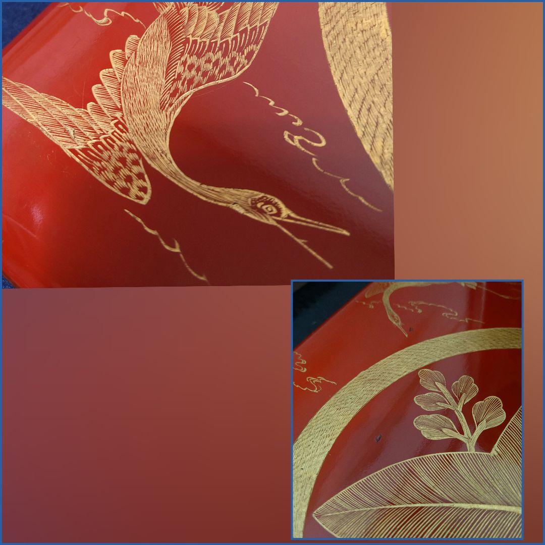 AG82 輪島塗 五段重 朱漆塗 沈金蒔絵 家紋 鶴図 厚塗り 角丸 替蓋 木箱