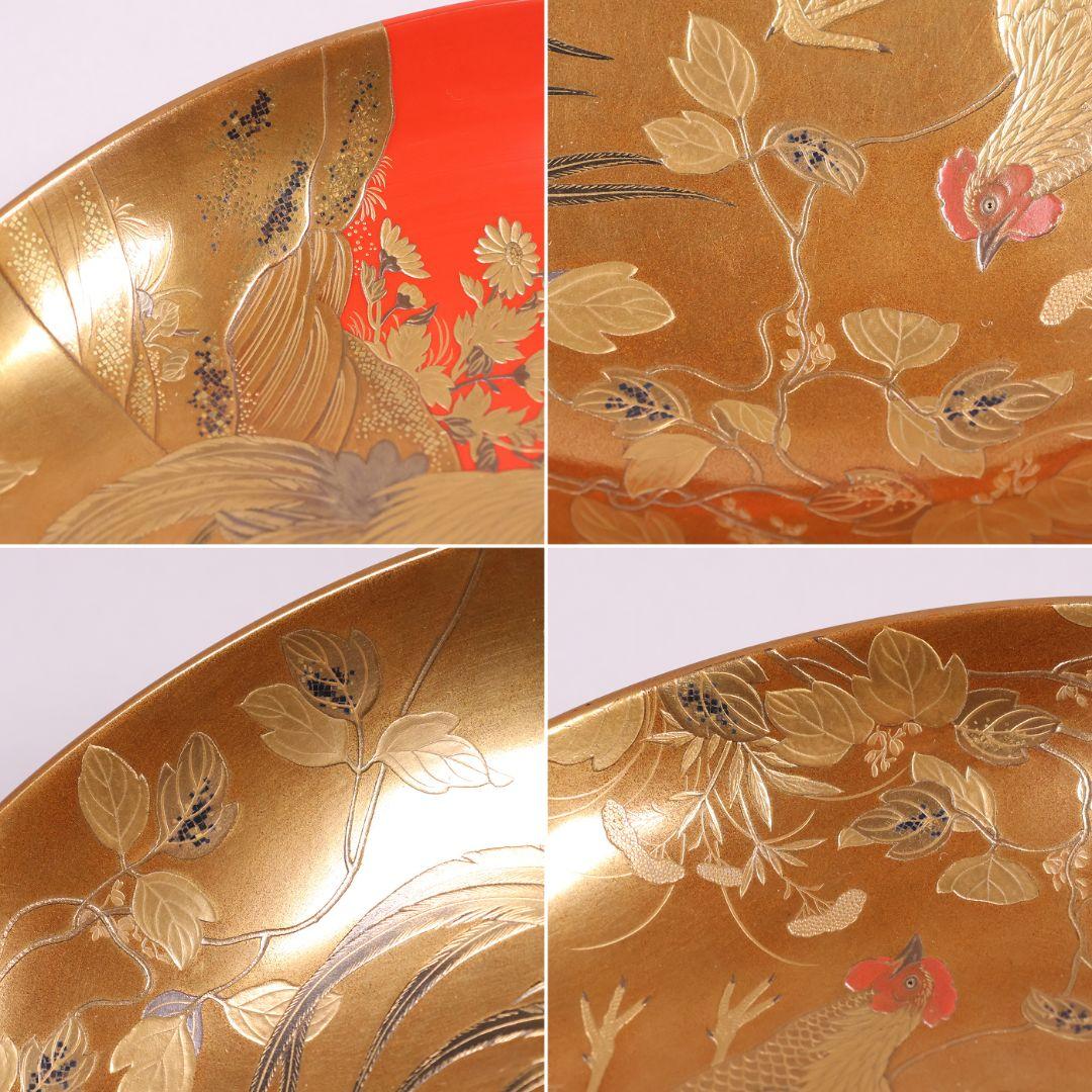 MB183】加賀蒔絵 花鳥本金蒔絵 大盃 盃台 天然木漆塗 鶏 松竹梅 鶴霊芝