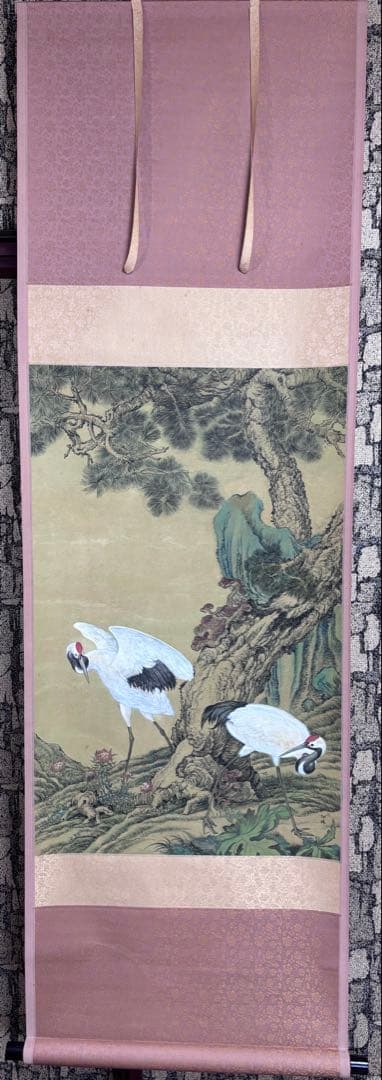 掛軸 水墨画 松鶴図 謝陽画中国 絵画 鶴 松 箱付 張大千大風