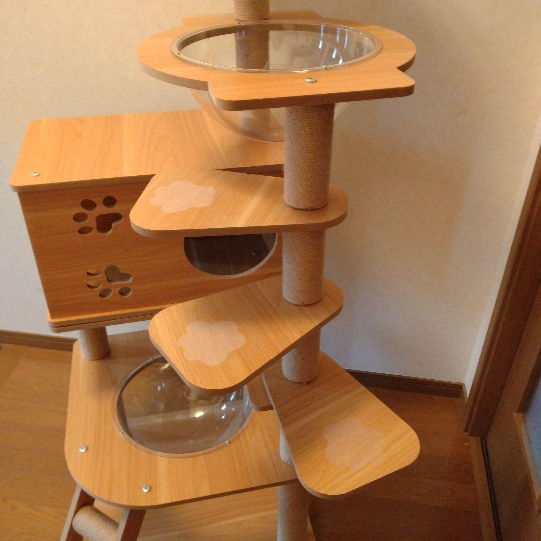 RAKU 木製 キャットタワー ベージュ 宇宙船付き