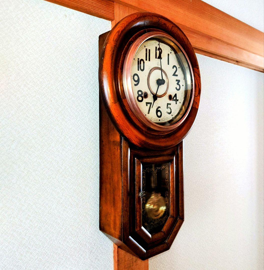 〈完動・美品〉尾張時計地球馬印　木地丸尾長ゼンマイ振り子時計 ボンボン時計古時計