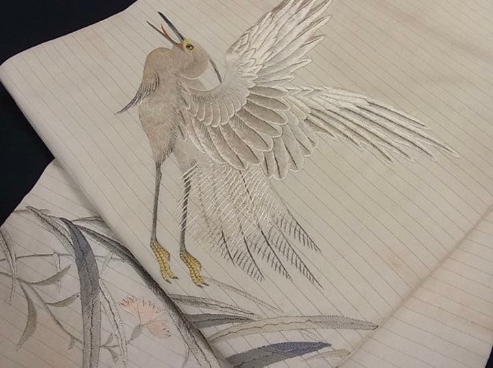 鷺 刺繍QJLLB 特選古美術 正絹夏帯 日本刺繍 アンティーク 九寸名古屋帯