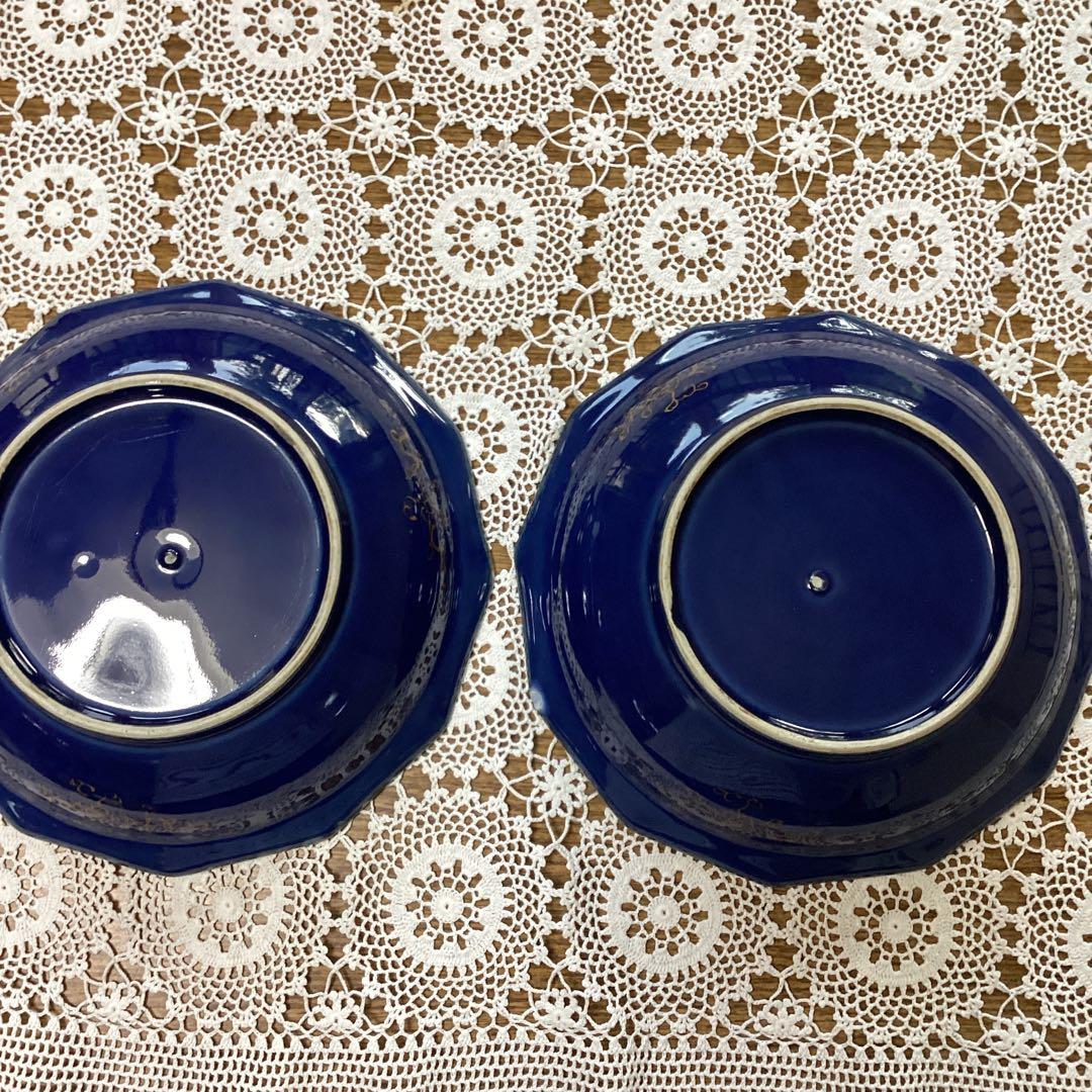 k19 菓子器 菓子鉢 2入 青い陶器皿 金色の花模様 年代物