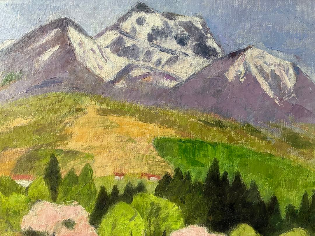 油彩画 「妙高山・春」鳥居敏文 サクラ サク イラスト