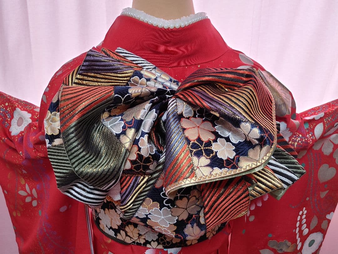 豪華 成人式 振袖 袋帯 帯揚げ 帯締め 赤/黒/ゴールド