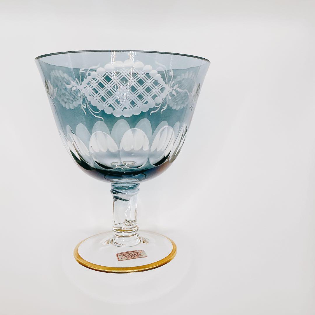 イタリア製 クリスタル ガラス アンティーク 脚付 24金 切子 ブルー