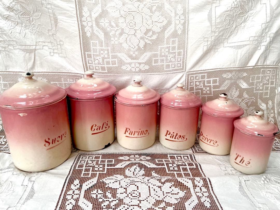フランスアンティークのホーローキャニスター〇6個フルセット(ピンク