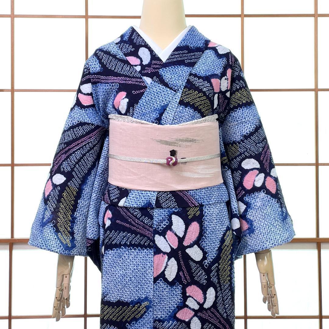 有松鳴海絞り 夏着物 浴衣 綿 菖蒲 水色 手縫い ビンテージ A-2390