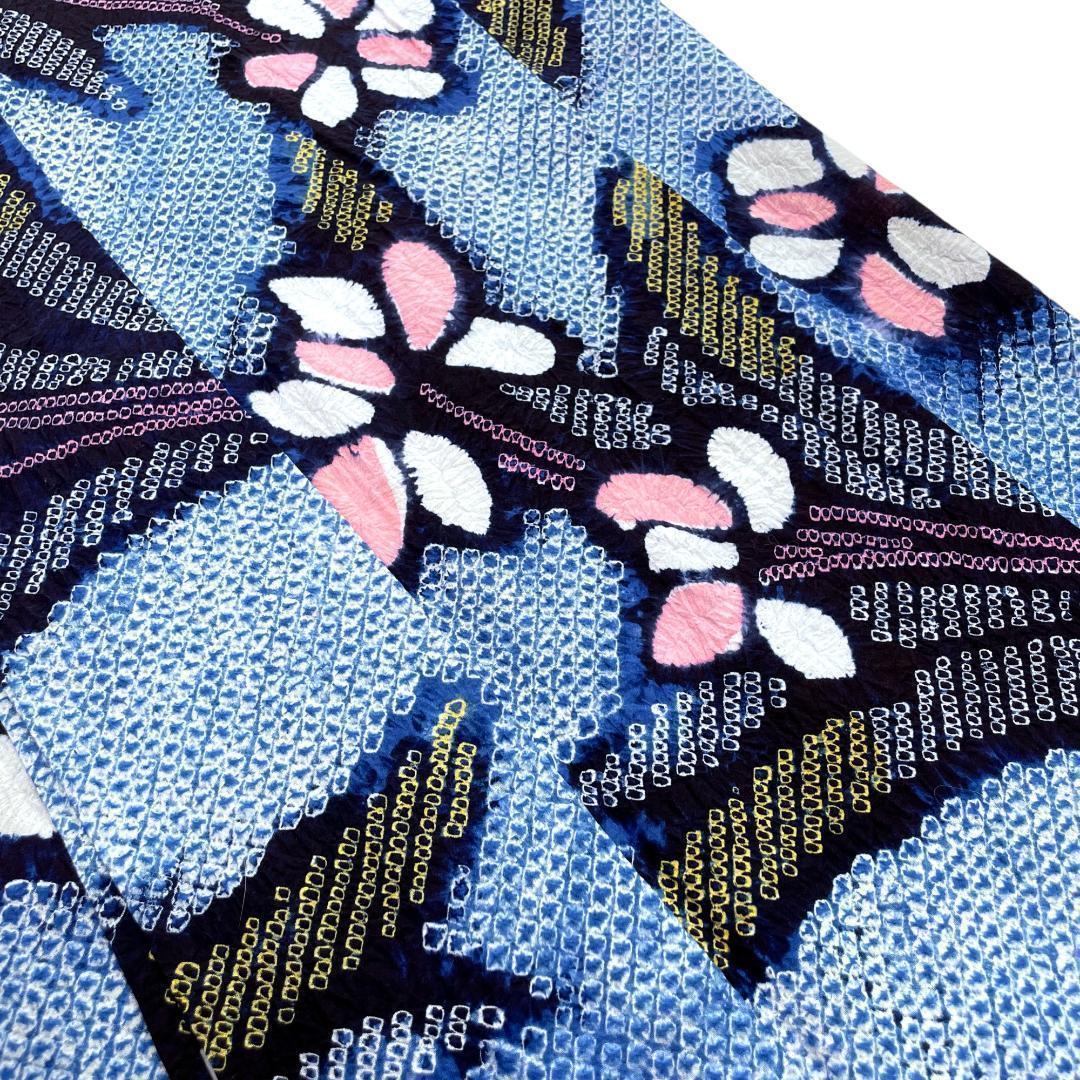有松鳴海絞り 夏着物 浴衣 綿 菖蒲 水色 手縫い ビンテージ A-2390