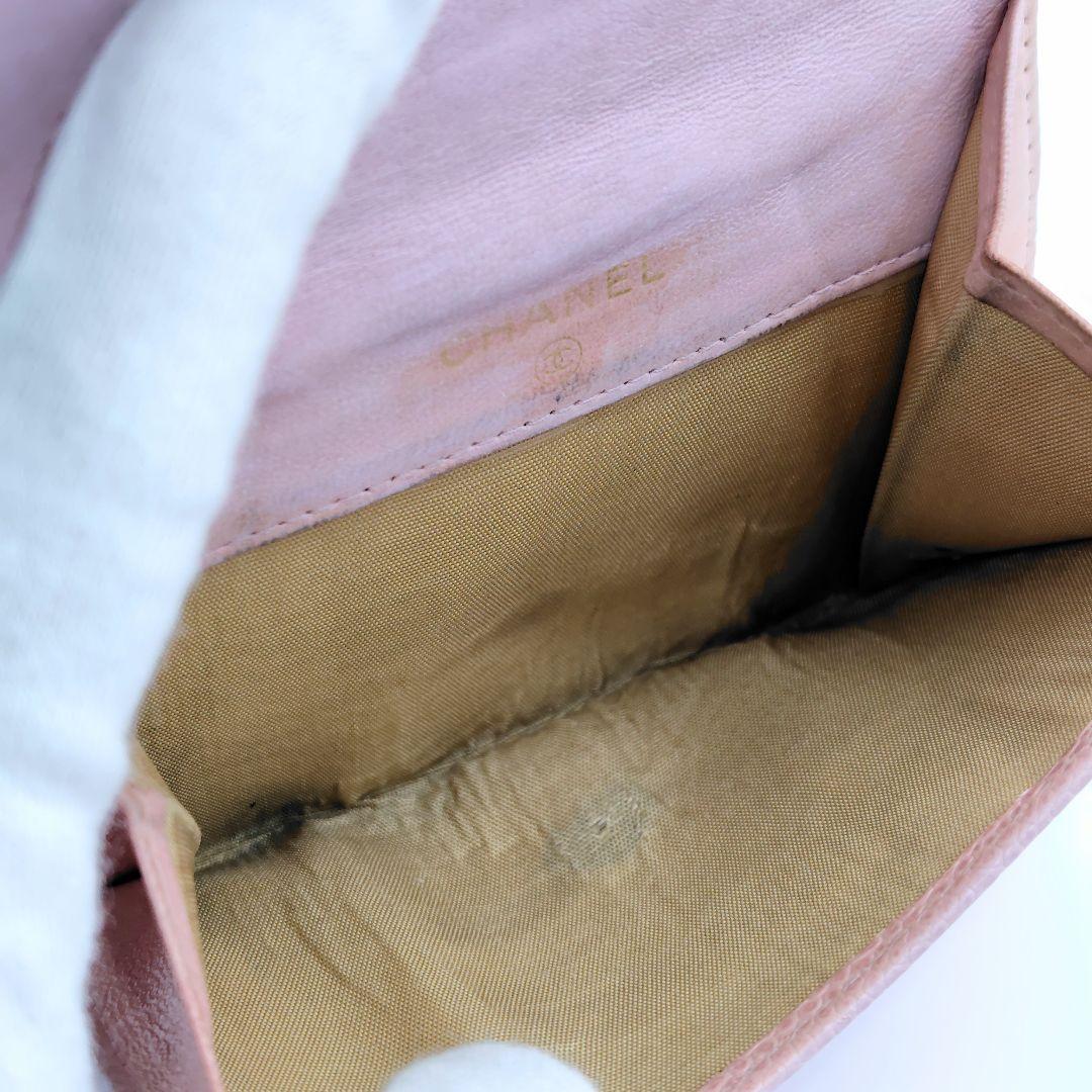 シャネル　キャビアスキン　ココマーク　三つ折り財布　ピンク