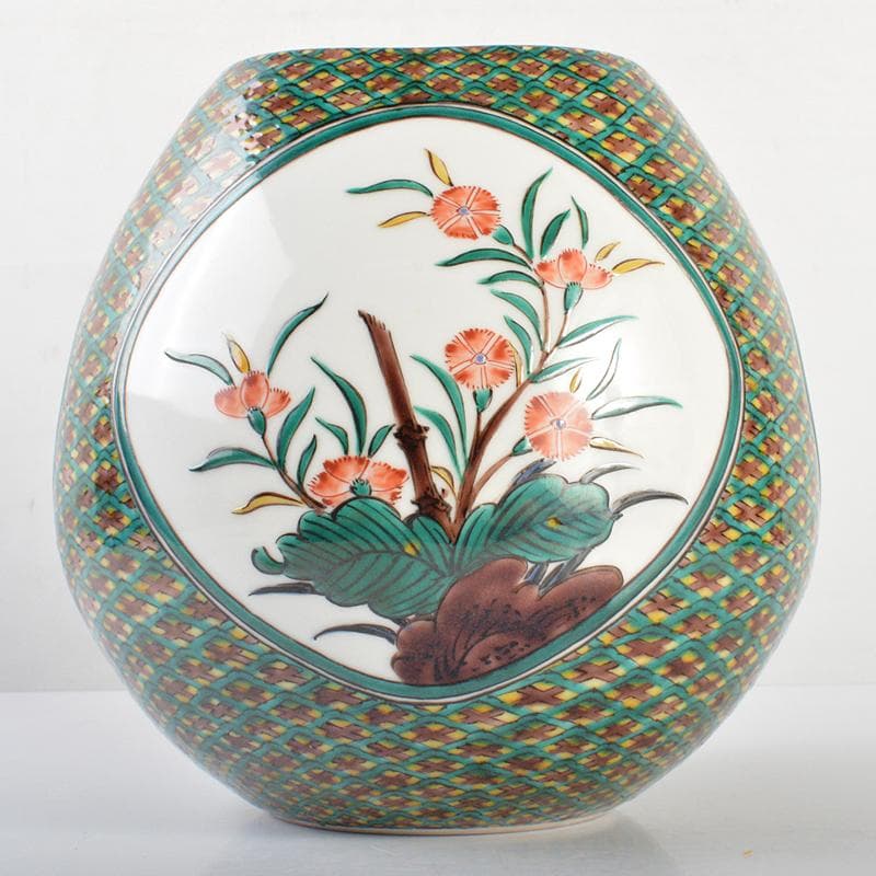 九谷焼 三代三ツ井為吉作 色絵草花文 飾壷 共布共箱 V R6833B - メルカリ