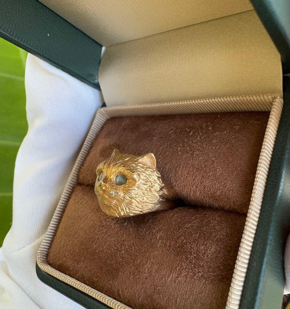 K18 キャットモチーフリング　ダイヤモンド　クリソベリルキャッツアイ　約6g